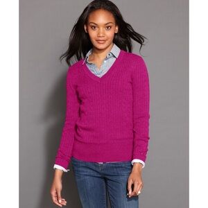 Tommy Hilfigier Purple Fitted V Neck Cable Knit Sweater Women's Size L